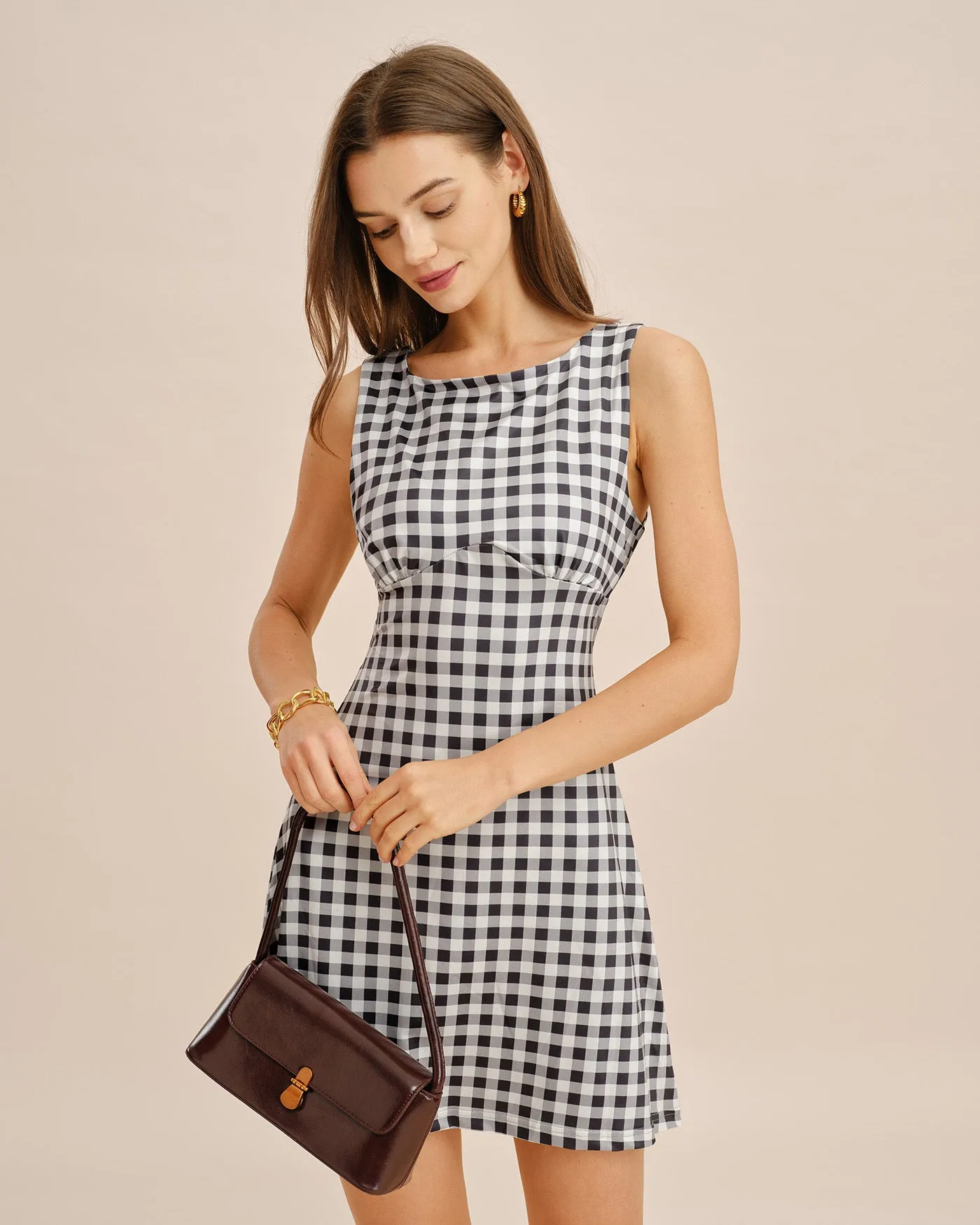 Grey Boat Neck Plaid Mini Dress sold by rihoas product image thumbnail 2