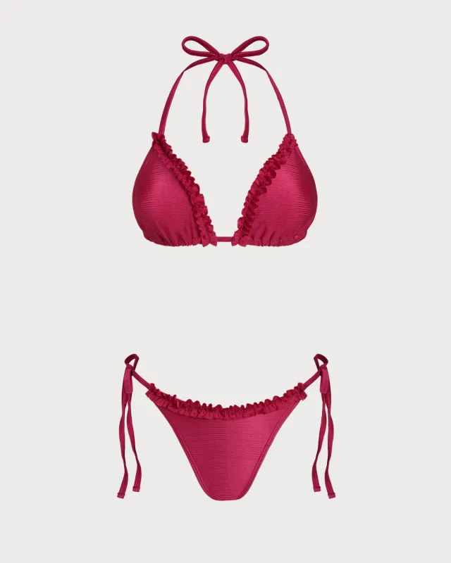 Red Halter Ruffled Triangle Bikini Set made by rihoas