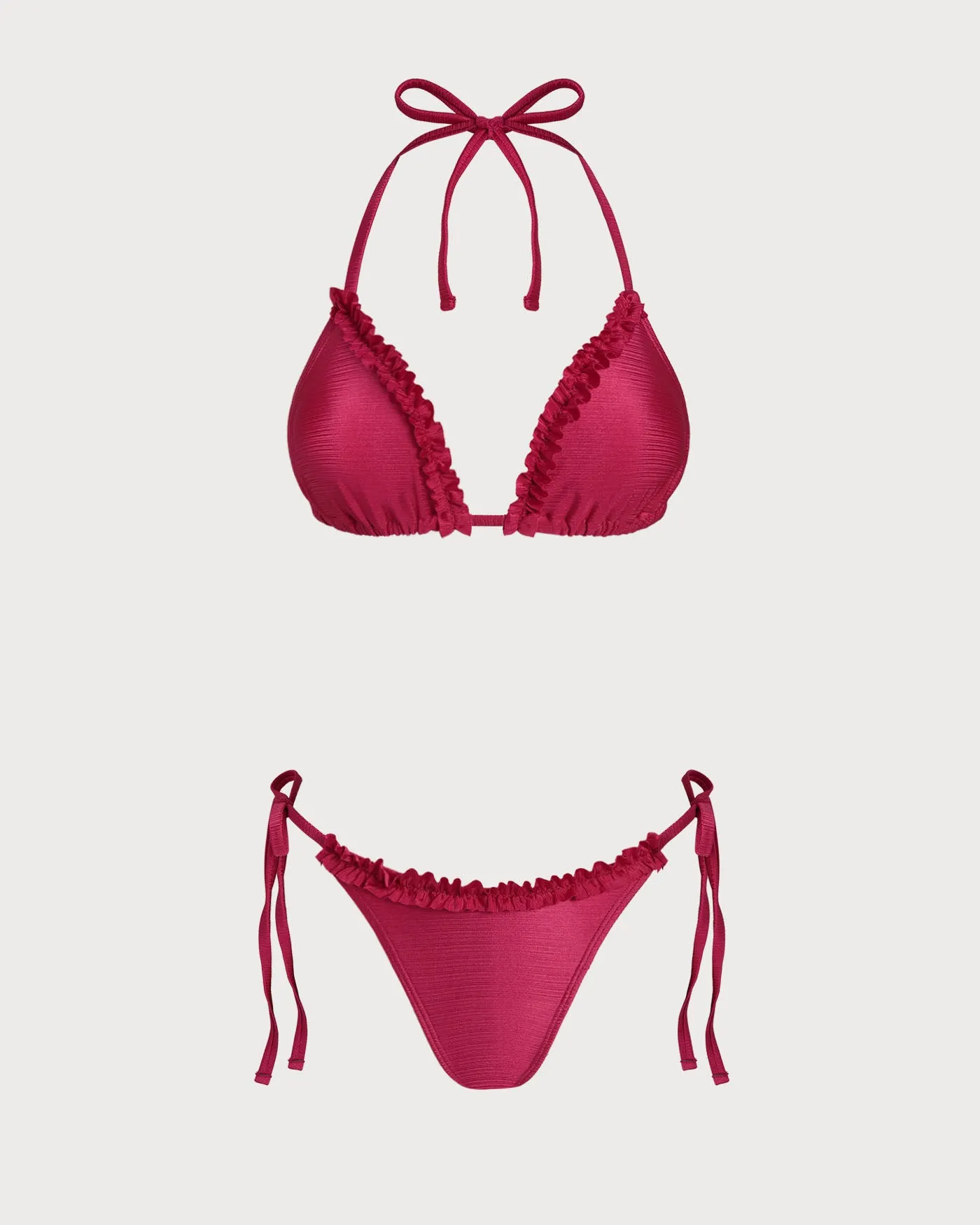Red Halter Ruffled Triangle Bikini Set sold by rihoas