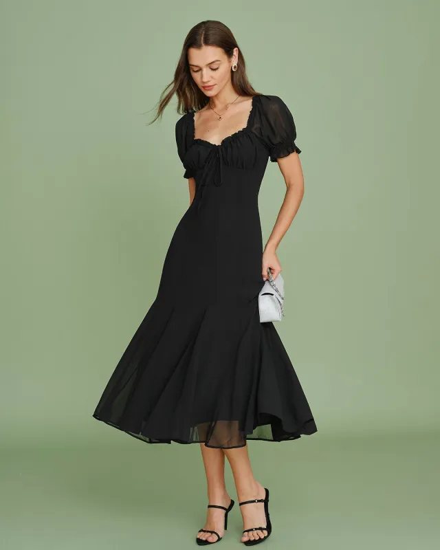 Black V Neck Puffed Sleeve Midi Dress made by rihoas
