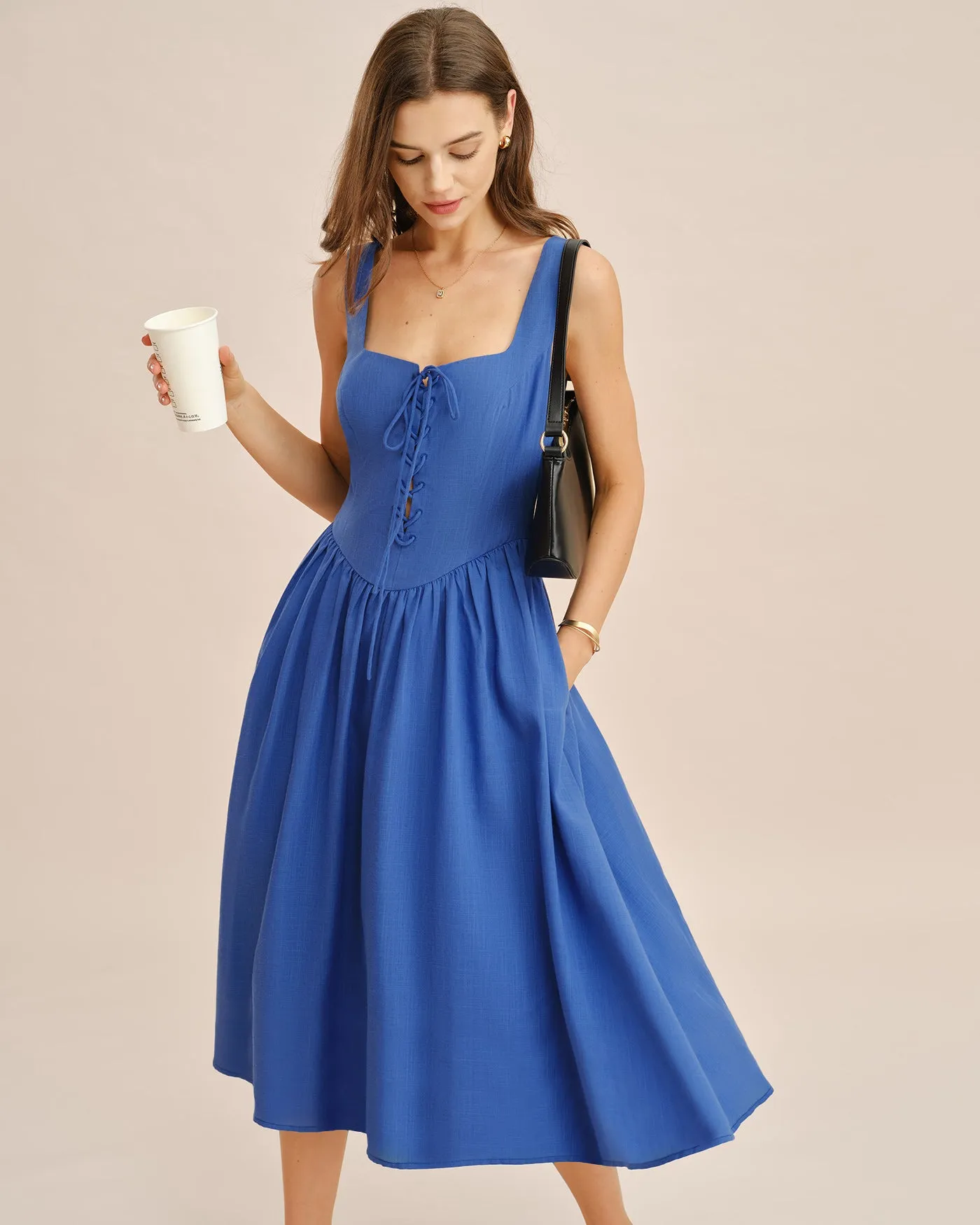 Blue Square Neck Tie Pockets Midi Dress sold by rihoas
