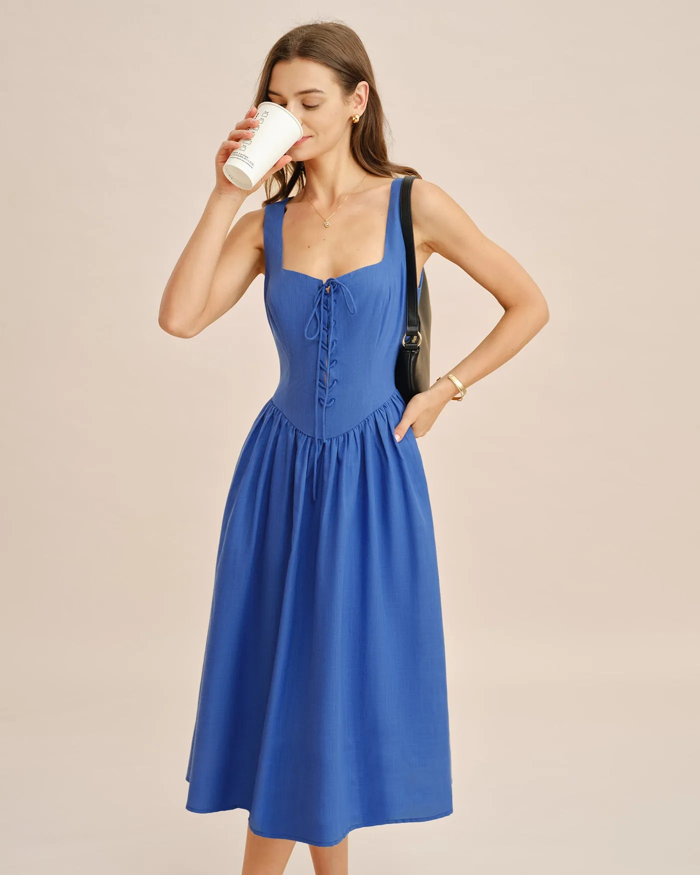 Blue Square Neck Tie Pockets Midi Dress sold by rihoas product image thumbnail 3