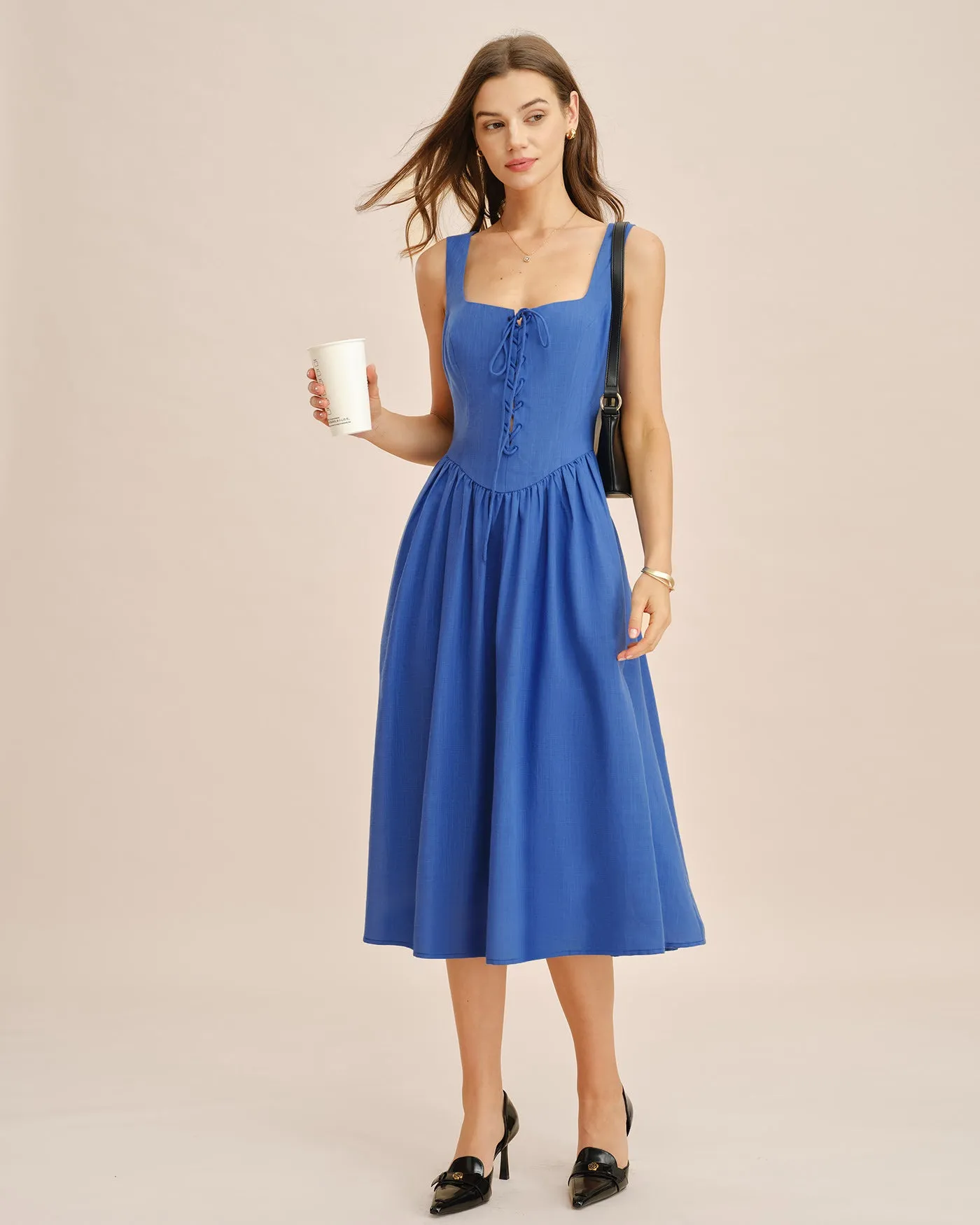 Blue Square Neck Tie Pockets Midi Dress sold by rihoas product image thumbnail 4