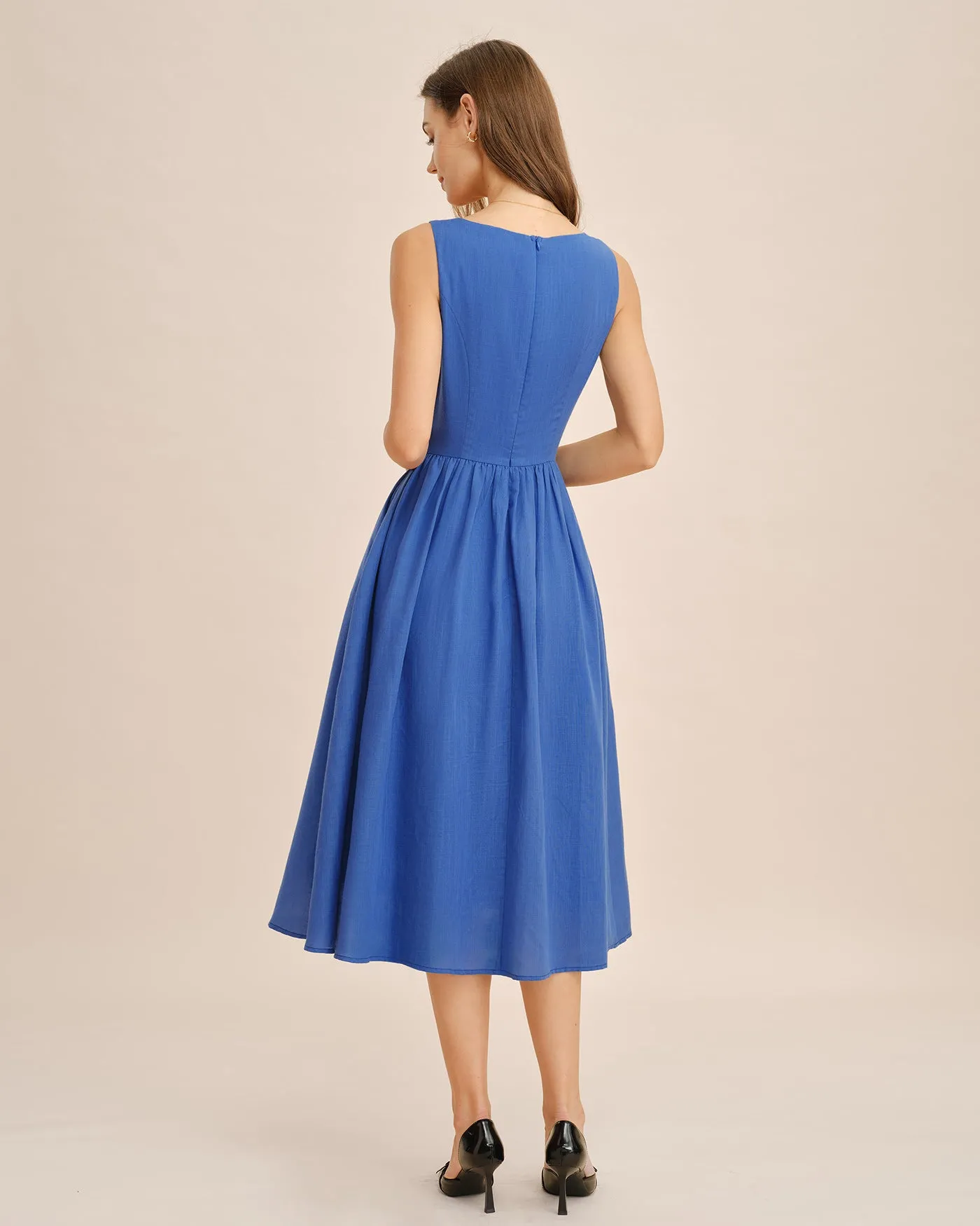 Blue Square Neck Tie Pockets Midi Dress sold by rihoas product image thumbnail 5