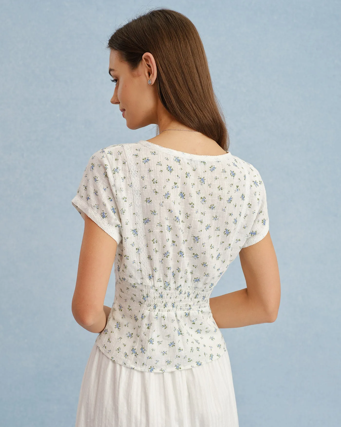 White V Neck Floral Splicing Tee sold by rihoas product image thumbnail 5