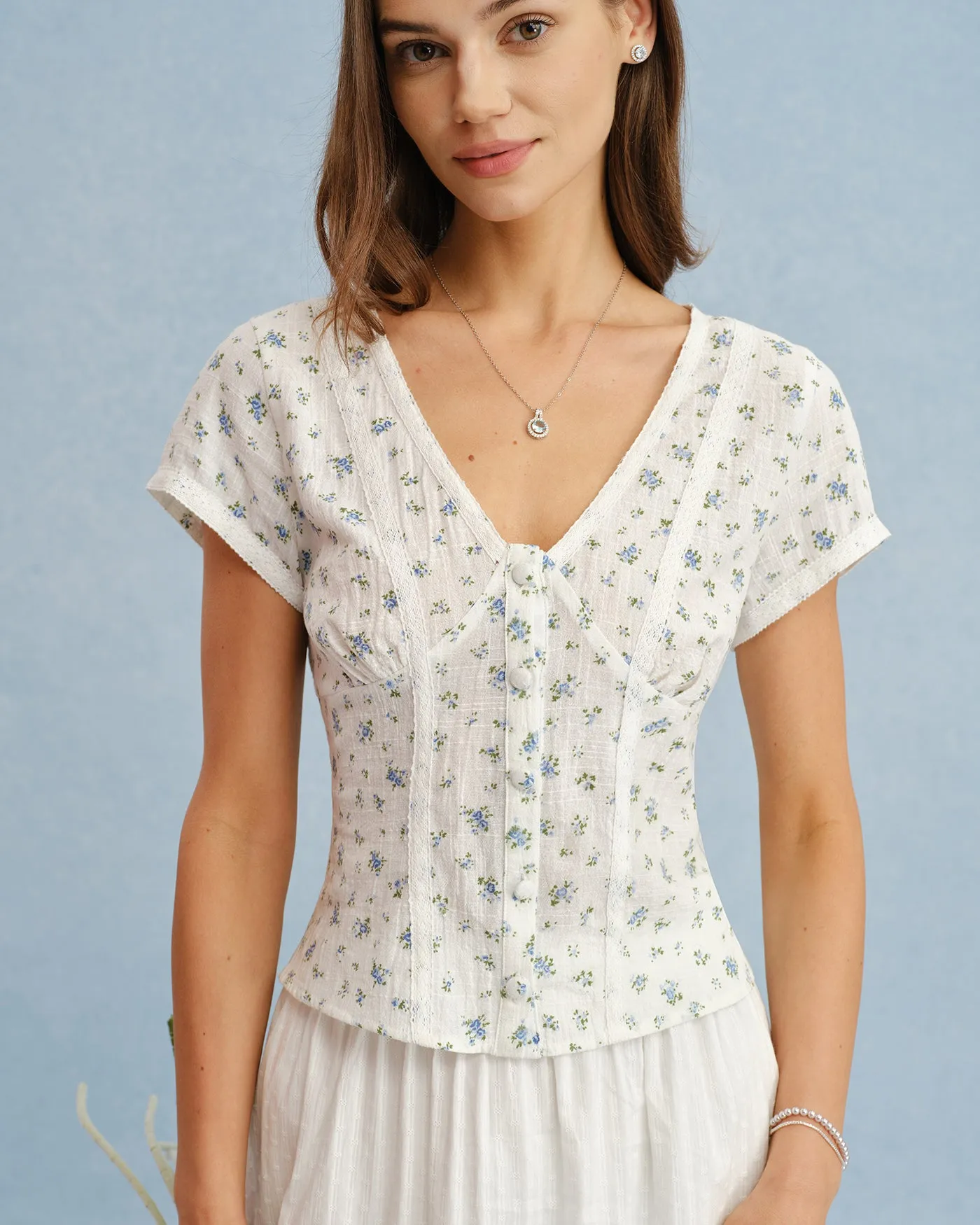 White V Neck Floral Splicing Tee sold by rihoas