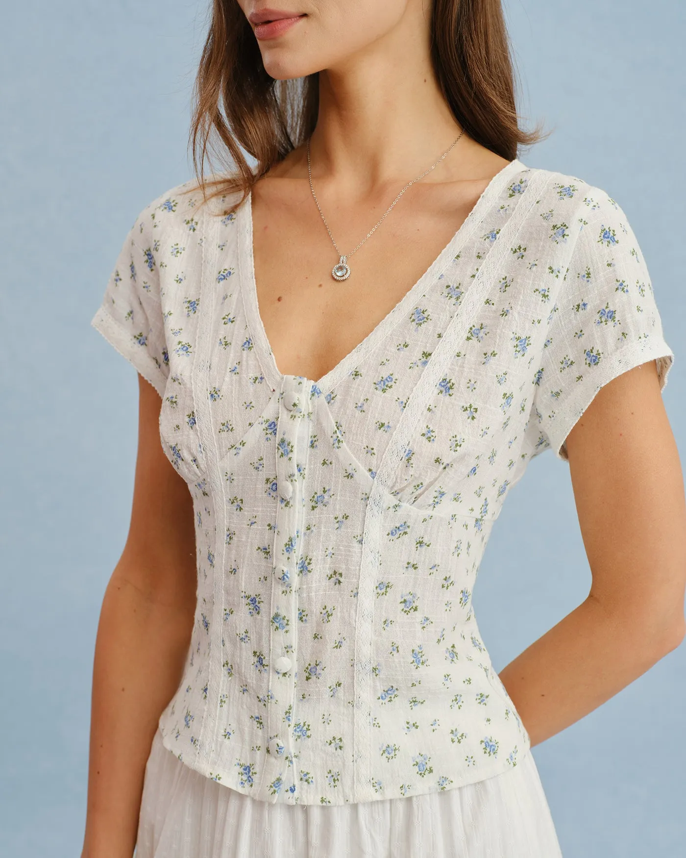 White V Neck Floral Splicing Tee sold by rihoas product image thumbnail 2