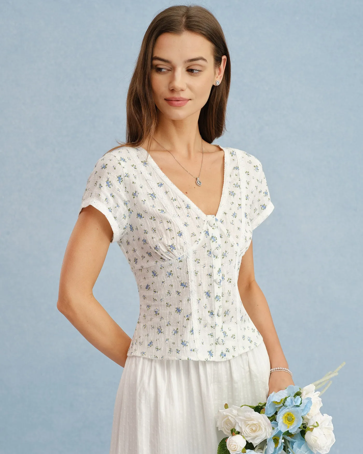 White V Neck Floral Splicing Tee sold by rihoas product image thumbnail 4