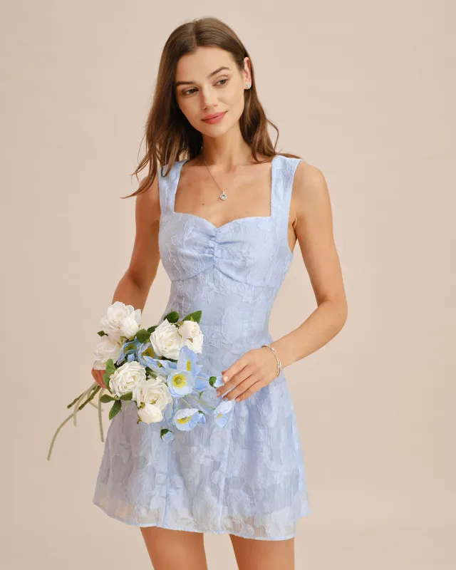 Blue Sweetheart Neck Jacquard Mini Dress made by rihoas