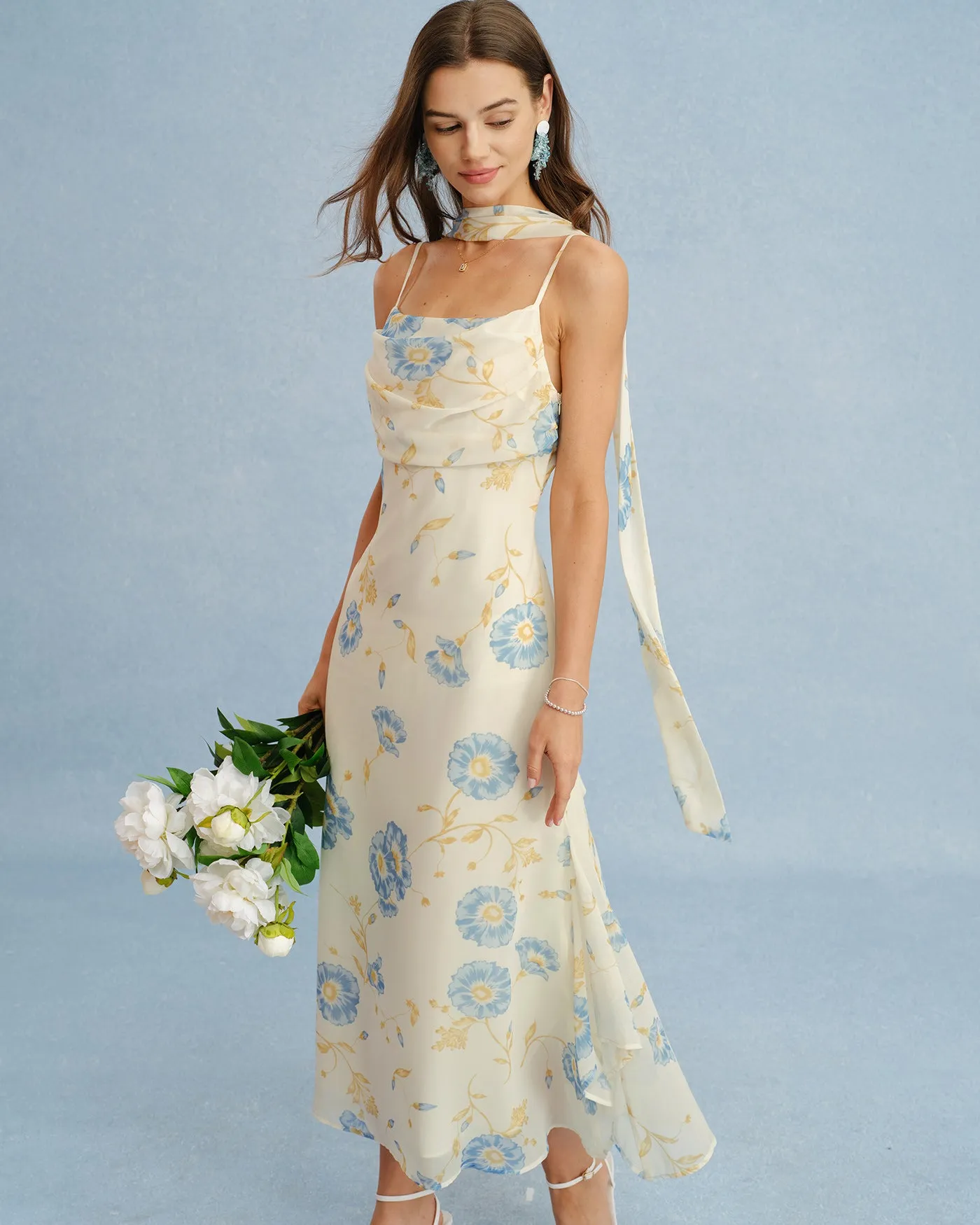 Beige Floral Tie Chiffon Maxi Dress sold by rihoas product image thumbnail 2