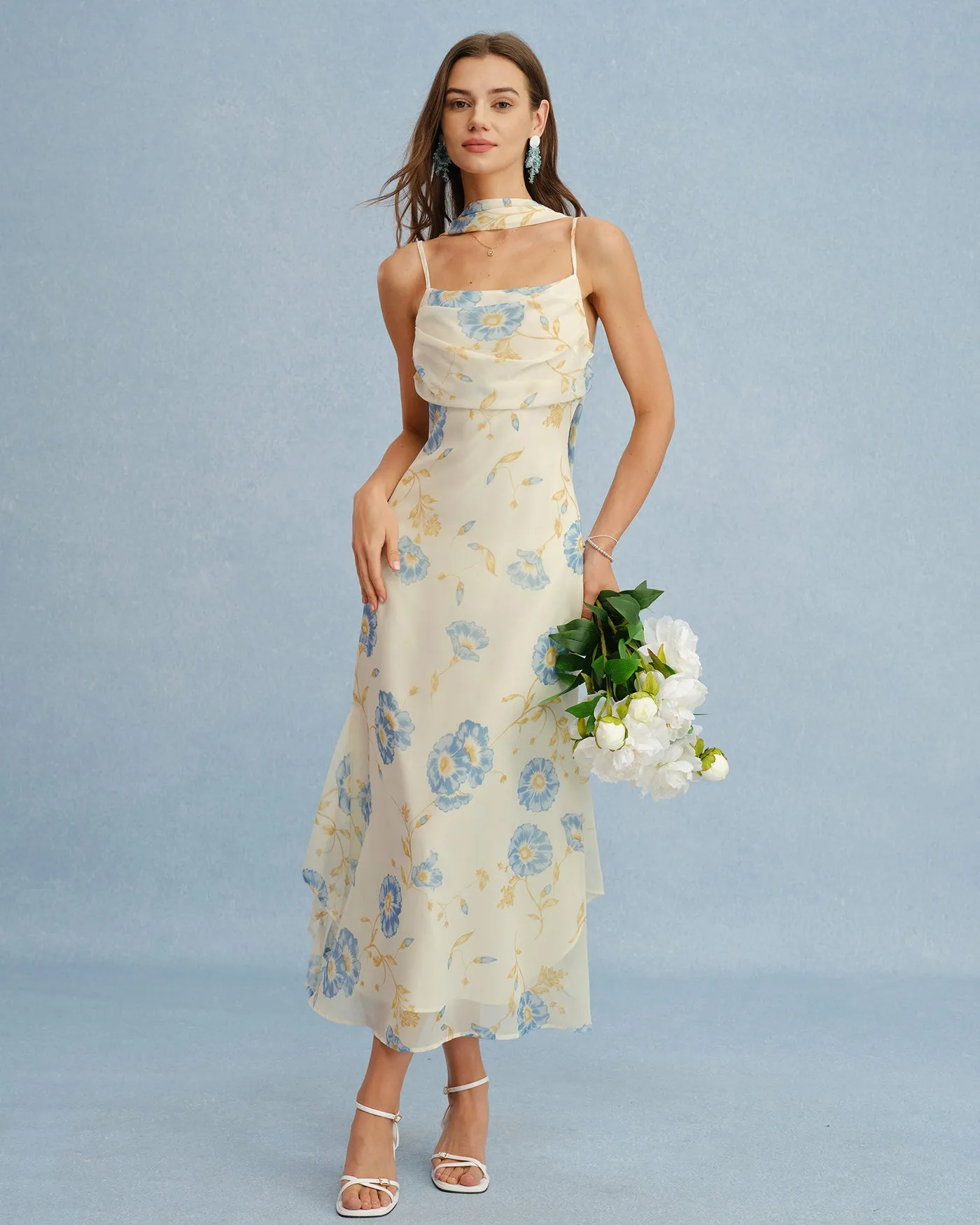 Beige Floral Tie Chiffon Maxi Dress sold by rihoas