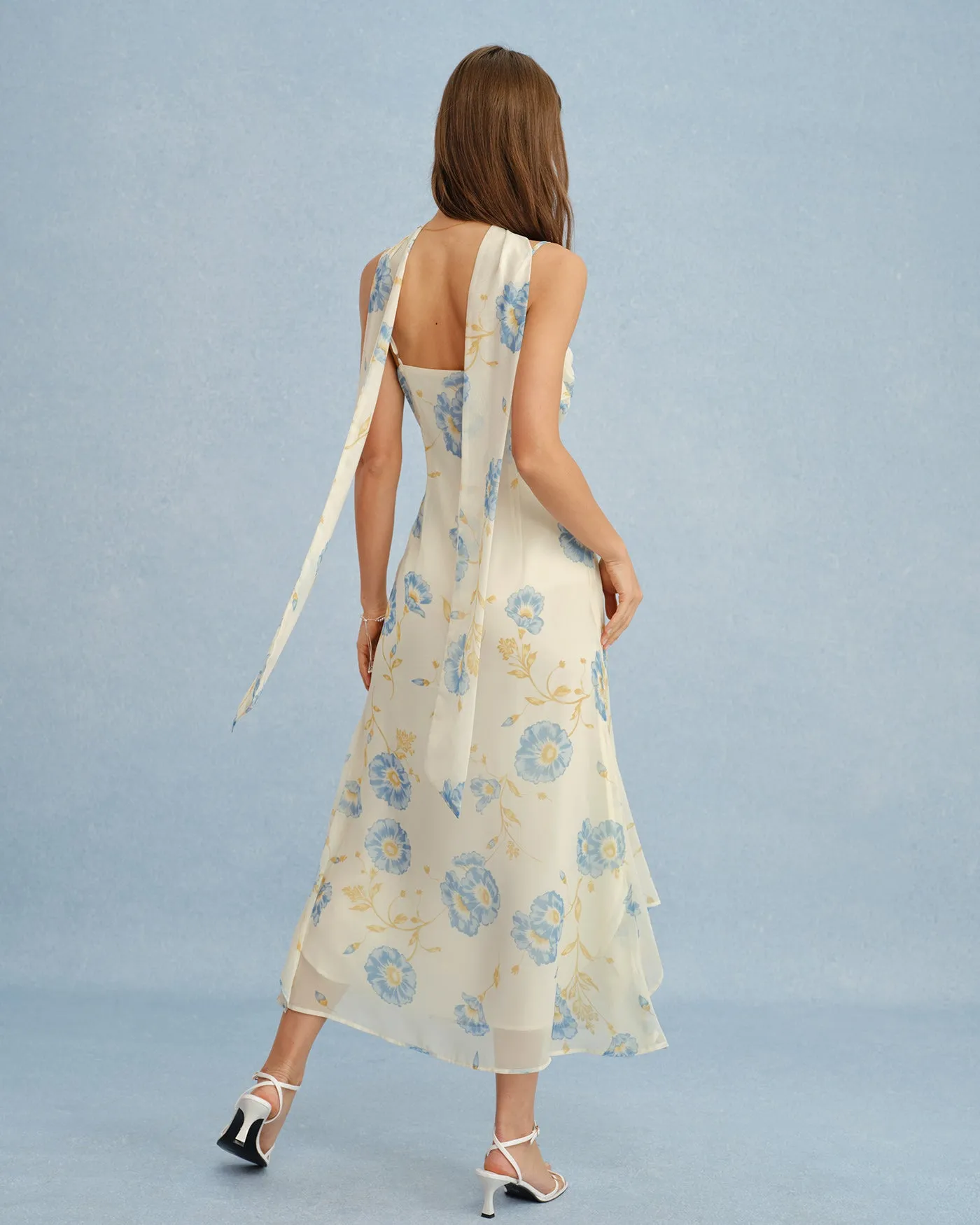 Beige Floral Tie Chiffon Maxi Dress sold by rihoas product image thumbnail 5