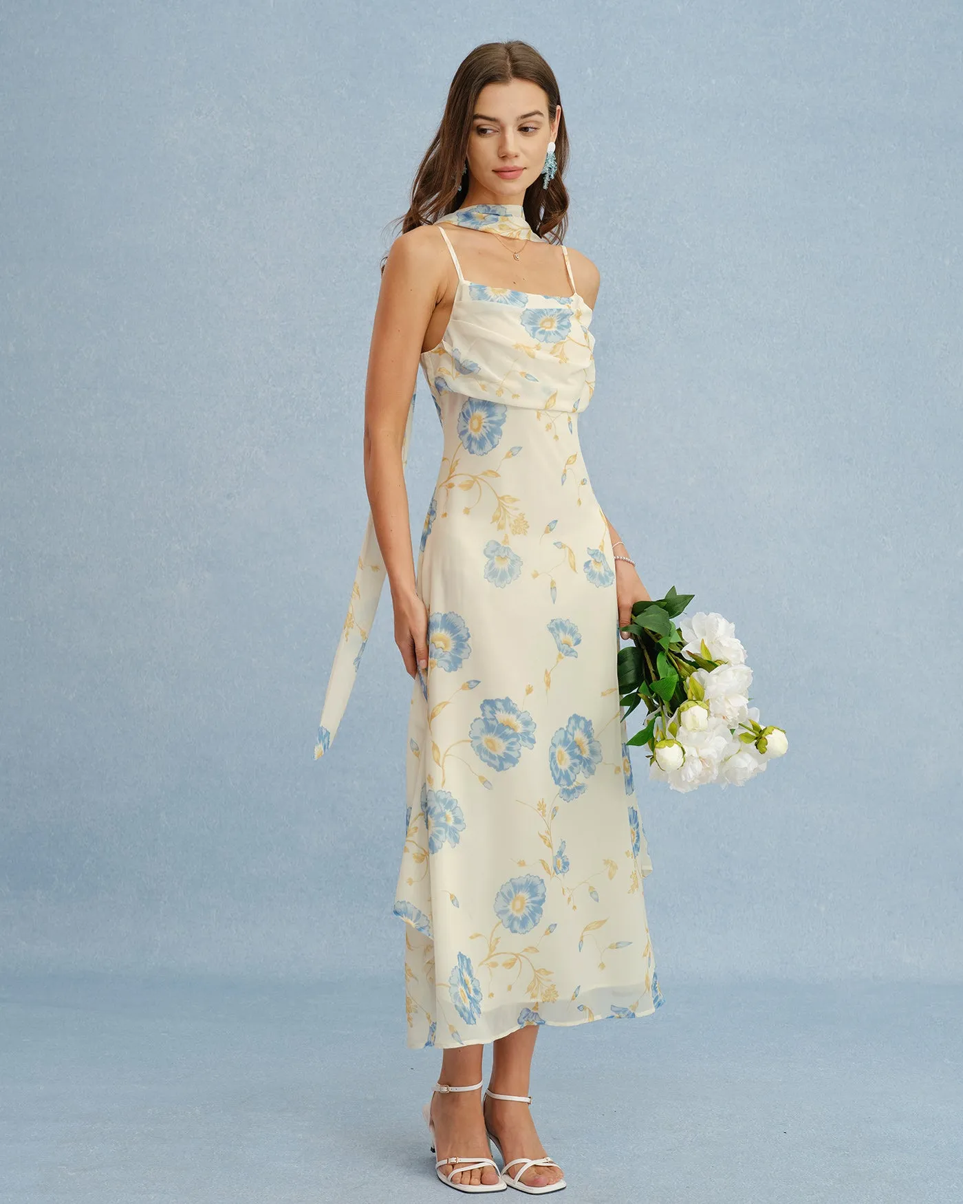 Beige Floral Tie Chiffon Maxi Dress sold by rihoas product image thumbnail 3