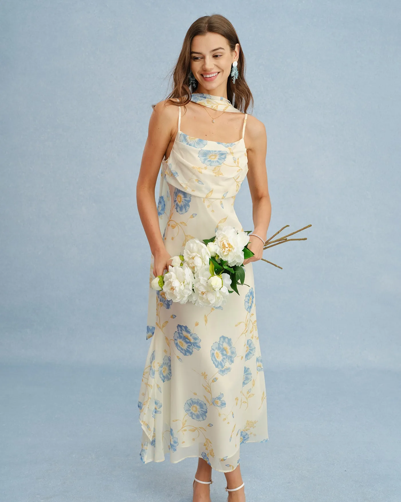 Beige Floral Tie Chiffon Maxi Dress sold by rihoas product image thumbnail 4