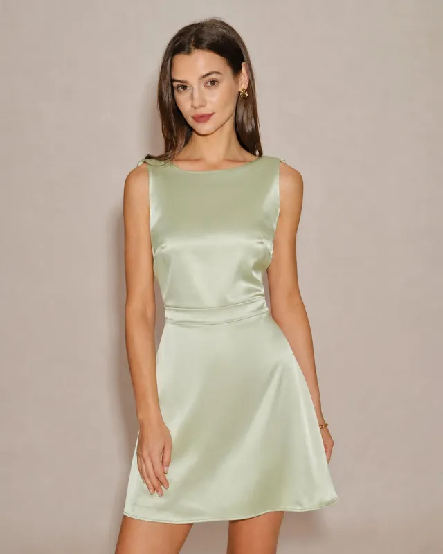 Green Boat Neck Pearl Satin Mini Dress made by rihoas