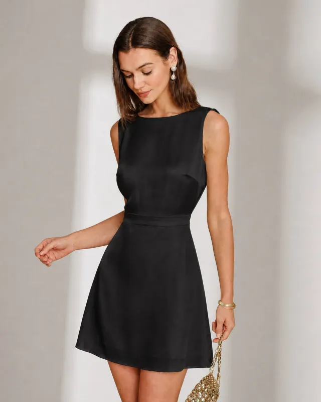 Black Boat Neck Pearl A-Line Mini Dress made by rihoas