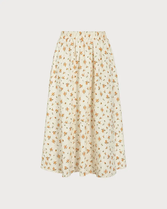 Orange Elastic Waist Floral Midi Skirt made by rihoas