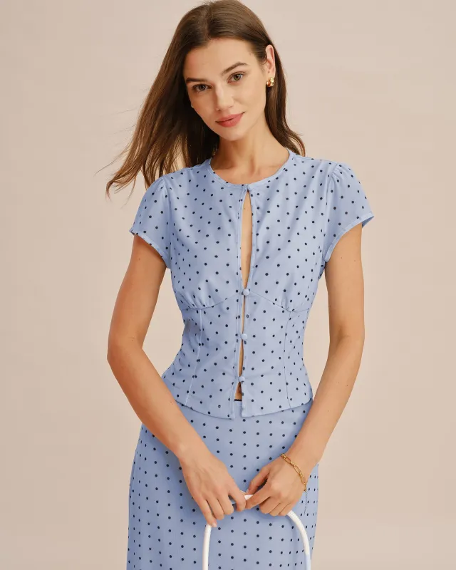 Blue Round Neck Polka Dot Button Tee made by rihoas