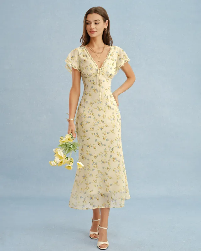 Yellow V Neck Lace Floral Maxi Dress made by rihoas