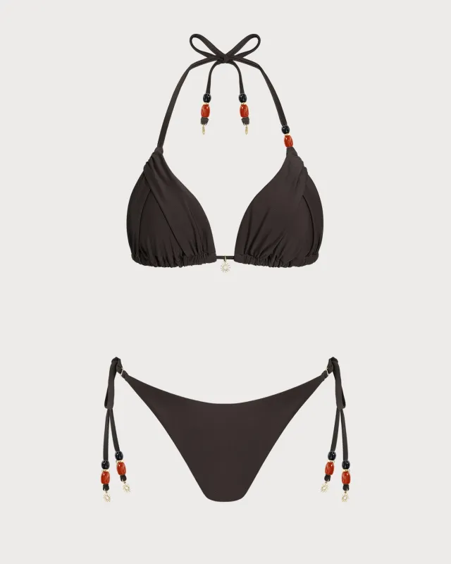 Brown Halter Natural Waisted Bikini Set made by rihoas