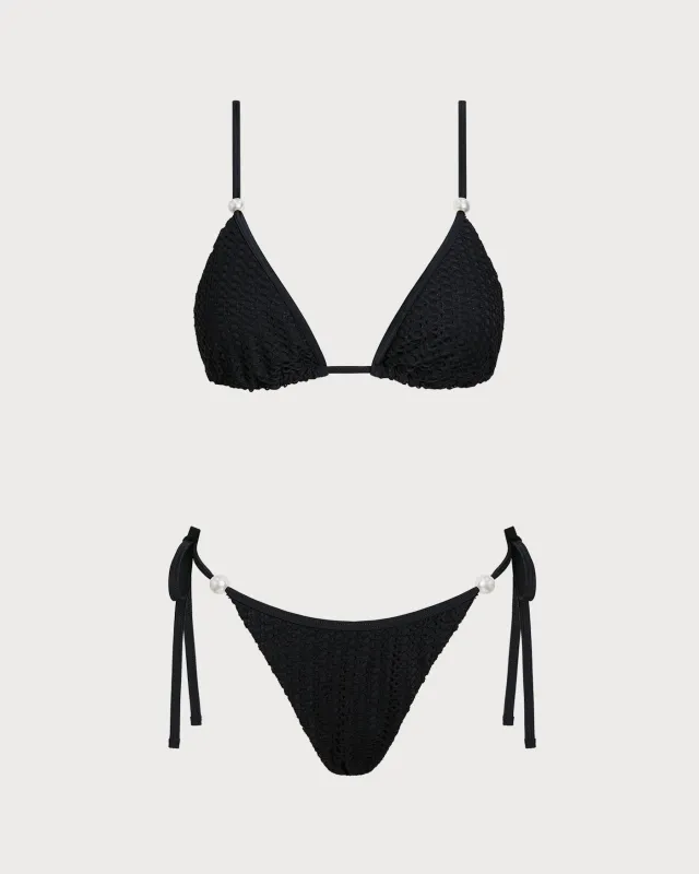 Black V Neck Textured Drawstring Bikini Set made by rihoas