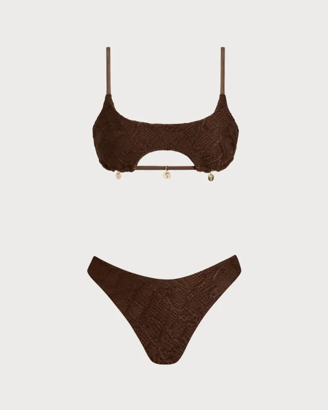 Coffee Square Neck Textured Bandeau Bikini Set made by rihoas