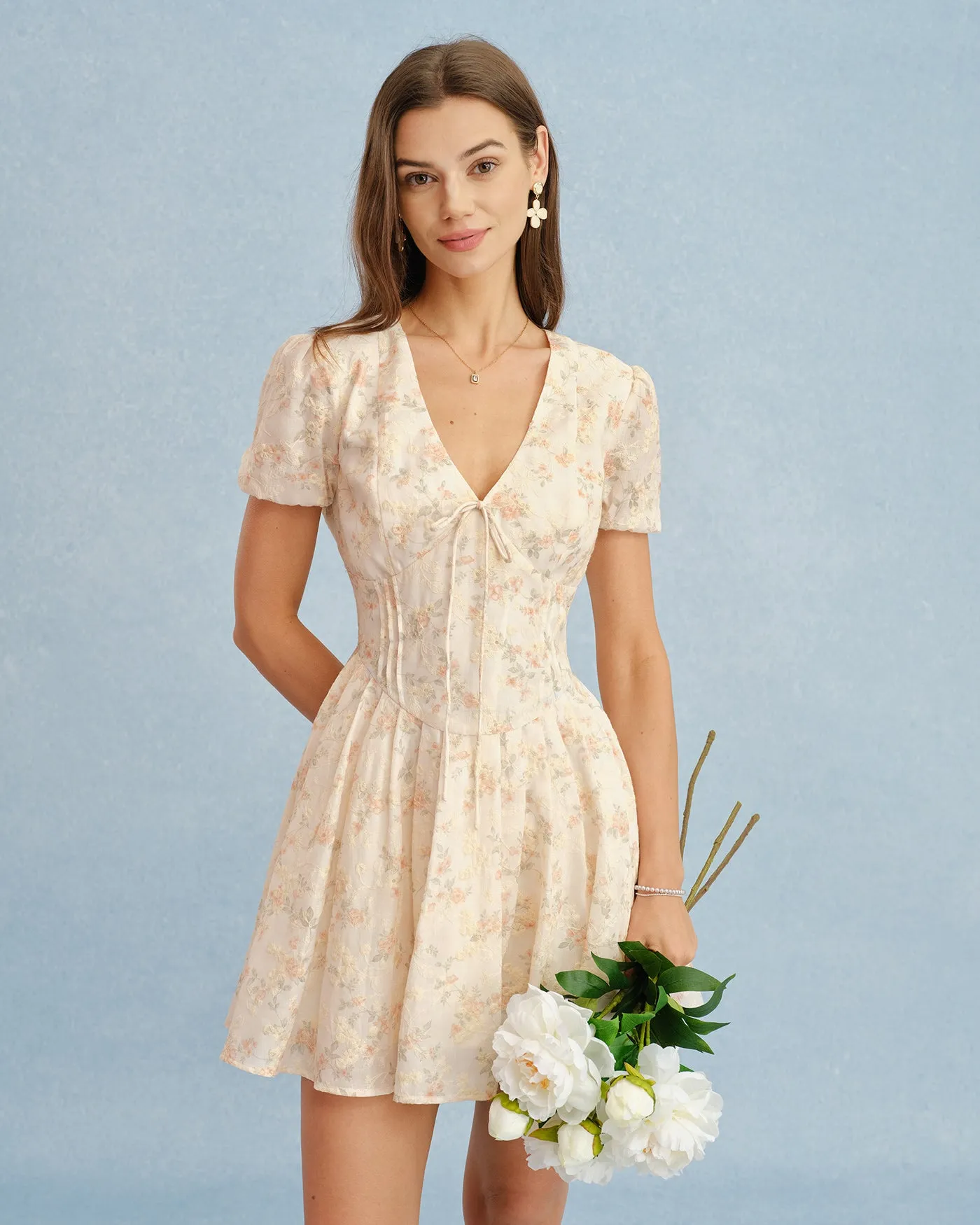 Orange V Neck Tie Floral Mini Dress sold by rihoas product image thumbnail 3