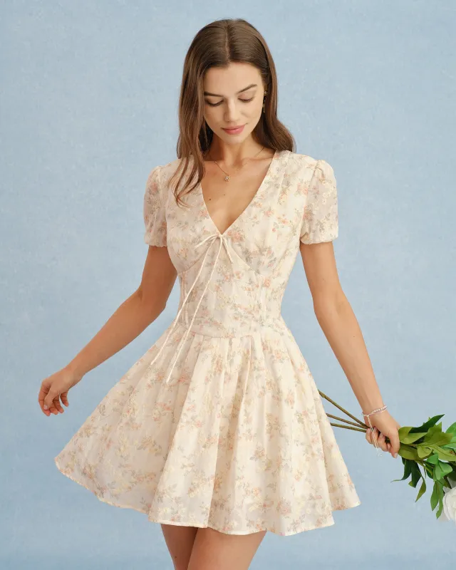 Orange V Neck Tie Floral Mini Dress made by rihoas