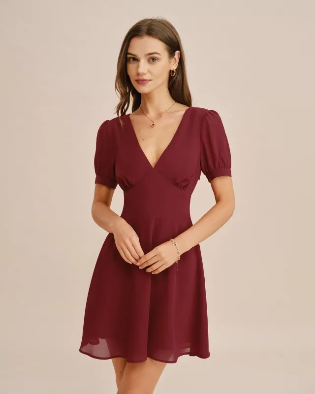 Red V Neck Puffed Sleeve Mini Dress made by rihoas