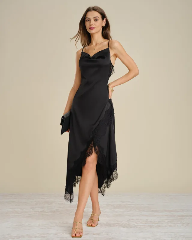 Black Lace Splicing Slip A-Line Maxi Dress made by rihoas