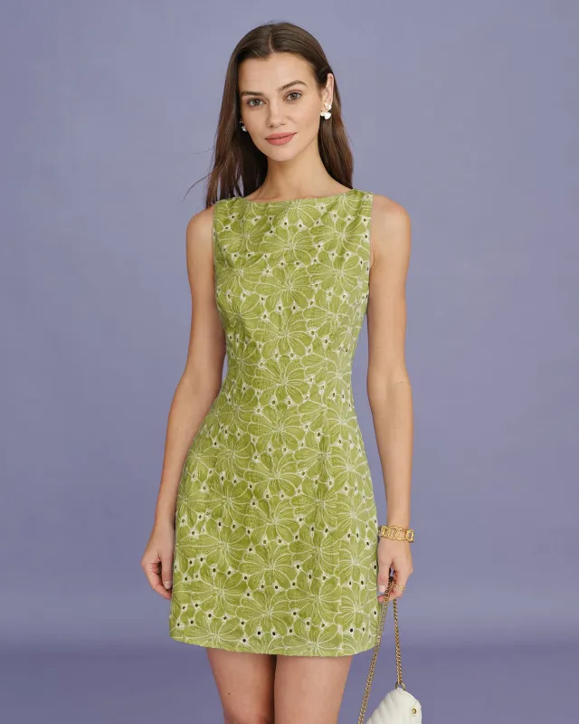 Green Boat Neck Embroidery Mini Dress made by rihoas