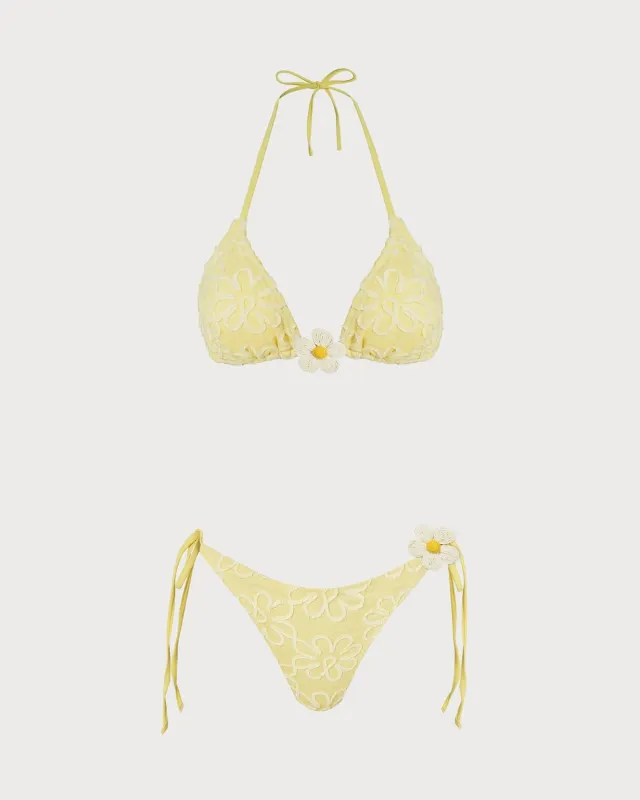 Yellow Halter Floral Textured Bikini Set made by rihoas