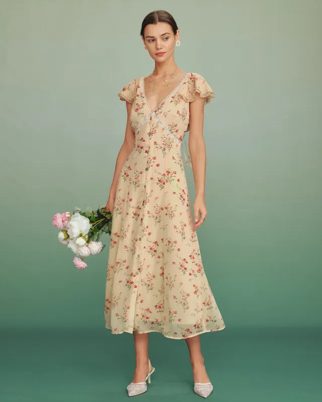 Yellow Butterfly Sleeve Tie Floral Midi Dress made by rihoas
