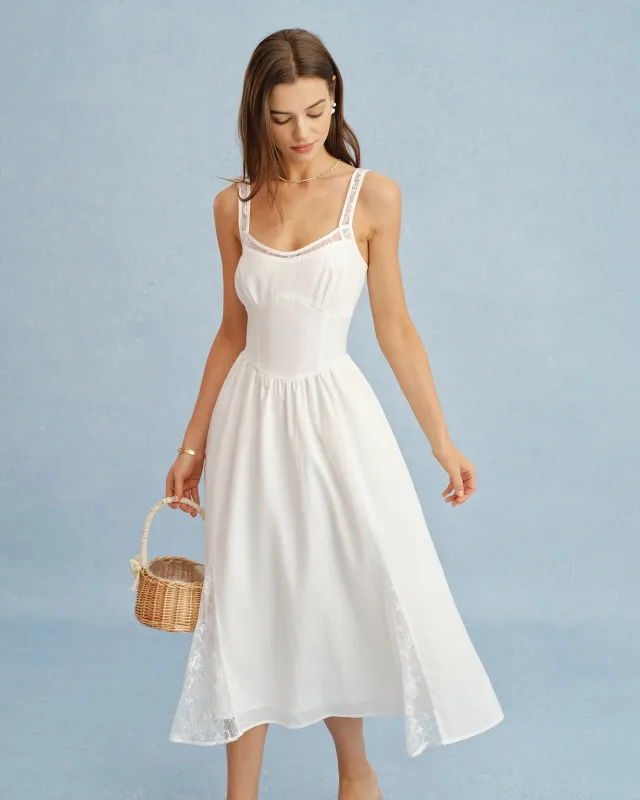 White Lace Splicing Shirred Midi Dress made by rihoas