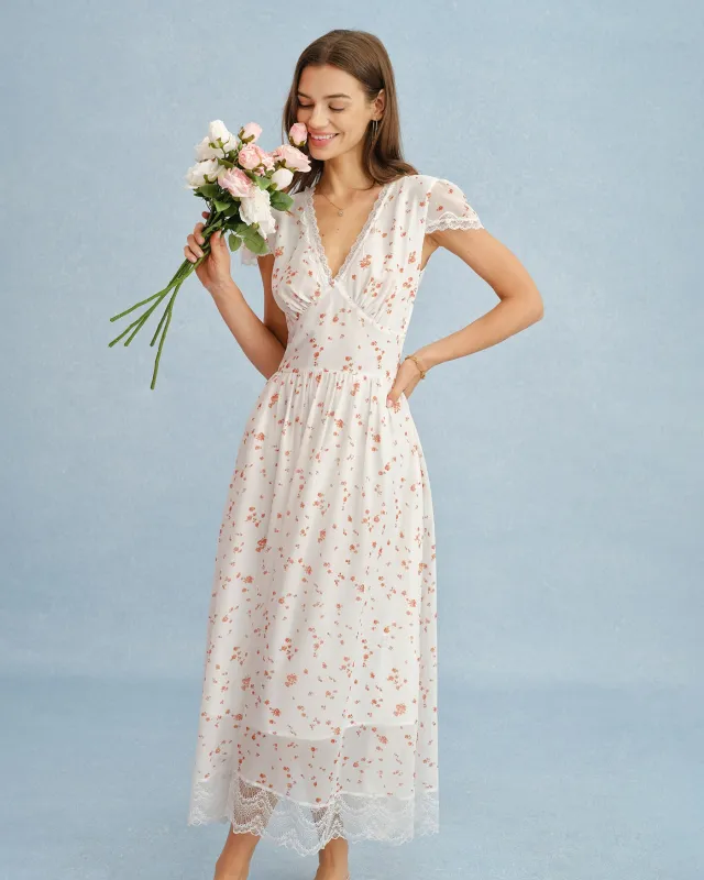 Off White V Neck Lace Floral Maxi Dress made by rihoas