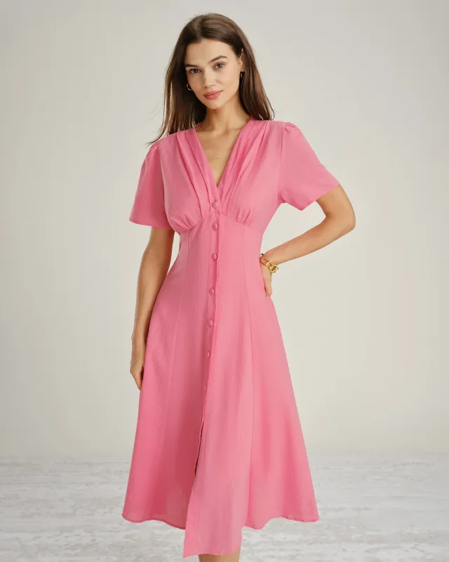 Pink V Neck Ruched Button Midi Dress made by rihoas