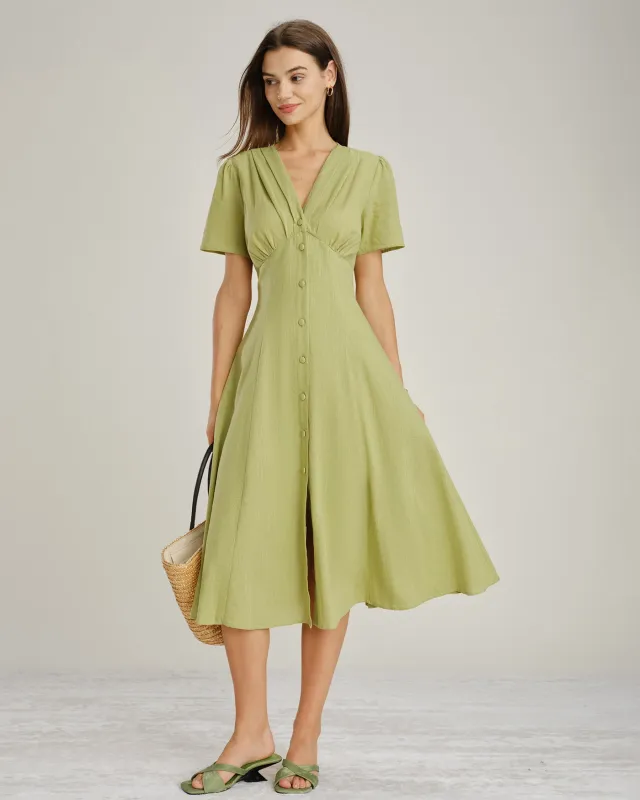 Green V Neck Button A-Line Midi Dress made by rihoas