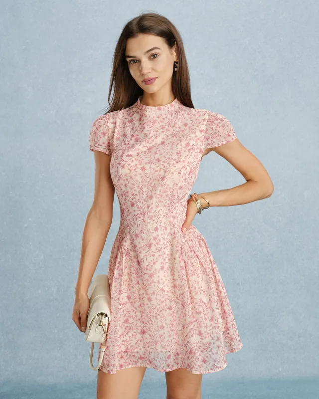 Pink Mock Neck Floral Chiffon Mini Dress made by rihoas