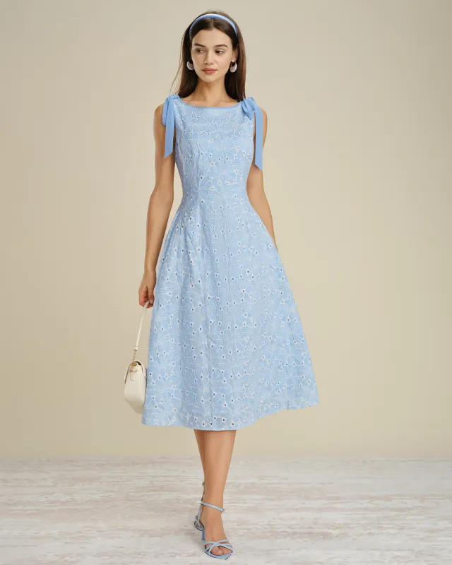 Blue Boat Neck Embroidery Midi Dress made by rihoas