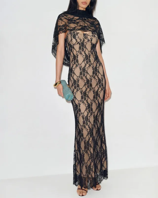 Black Lace Splicing Slip Maxi Dress made by rihoas