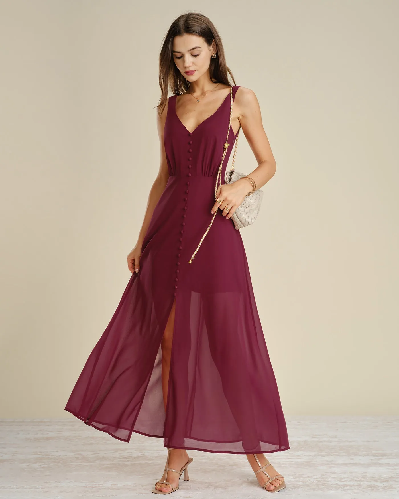 Wine Red Button Slit Chiffon Maxi Dress sold by rihoas product image thumbnail 3