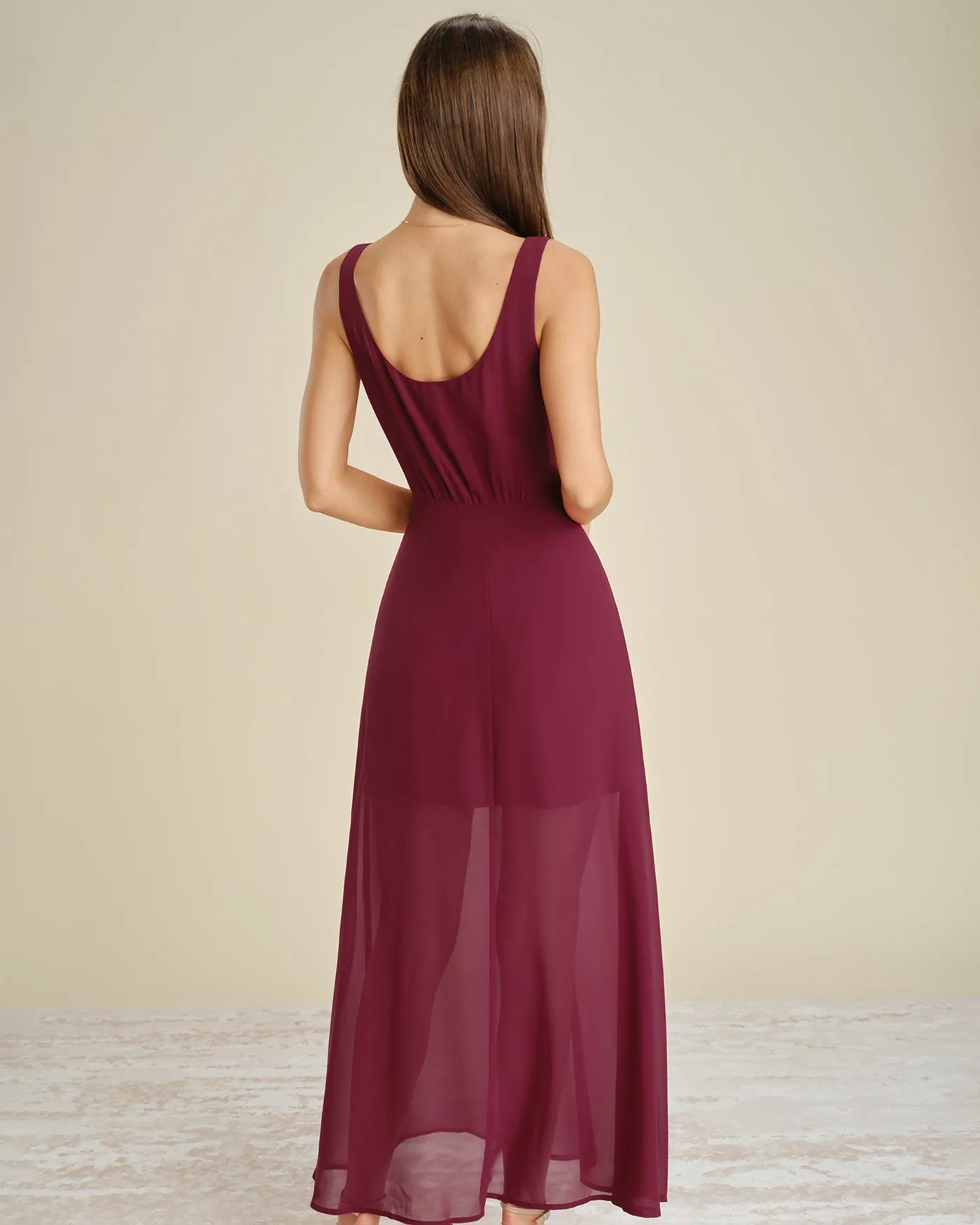 Wine Red Button Slit Chiffon Maxi Dress sold by rihoas product image thumbnail 4