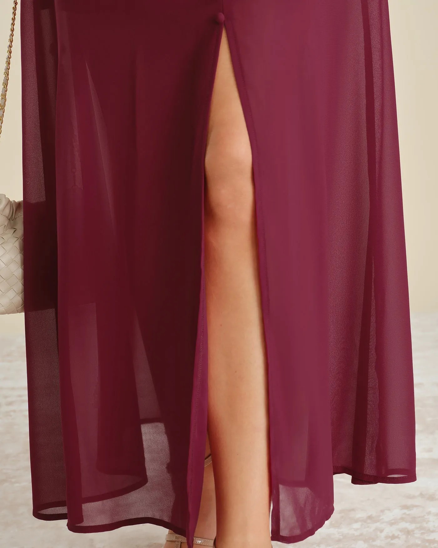 Wine Red Button Slit Chiffon Maxi Dress sold by rihoas product image thumbnail 2
