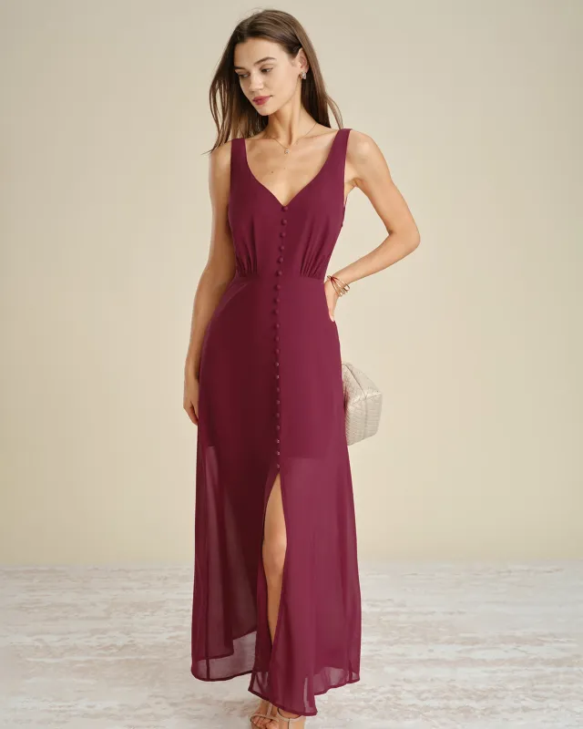 Wine Red Button Slit Chiffon Maxi Dress made by rihoas