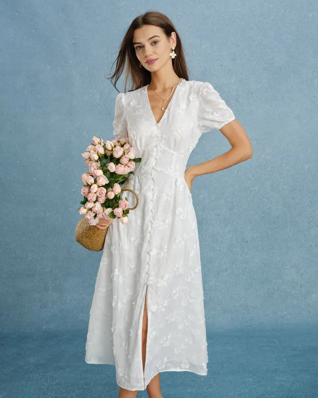 White Puffed Sleeve Embroidery Midi Dress made by rihoas