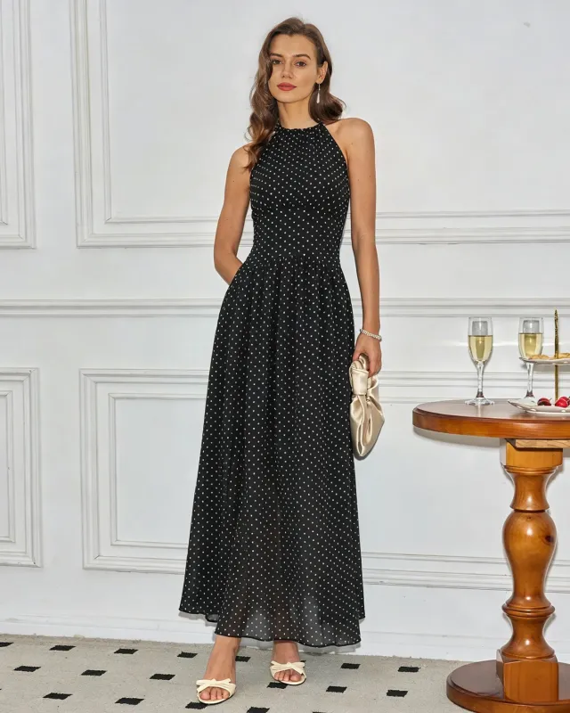 Black Halter Tie Polka Dot Maxi Dress made by rihoas
