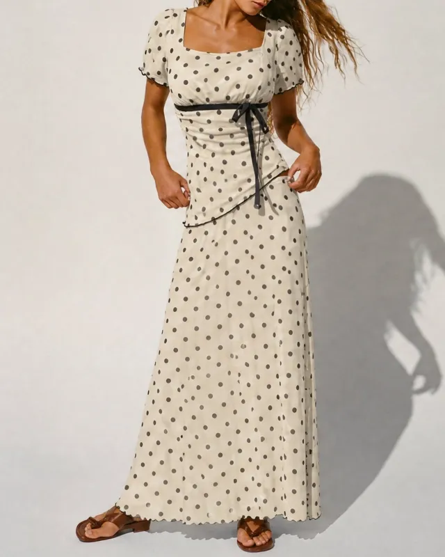 Apricot Square Neck Polka Dot Two-Piece Set made by rihoas
