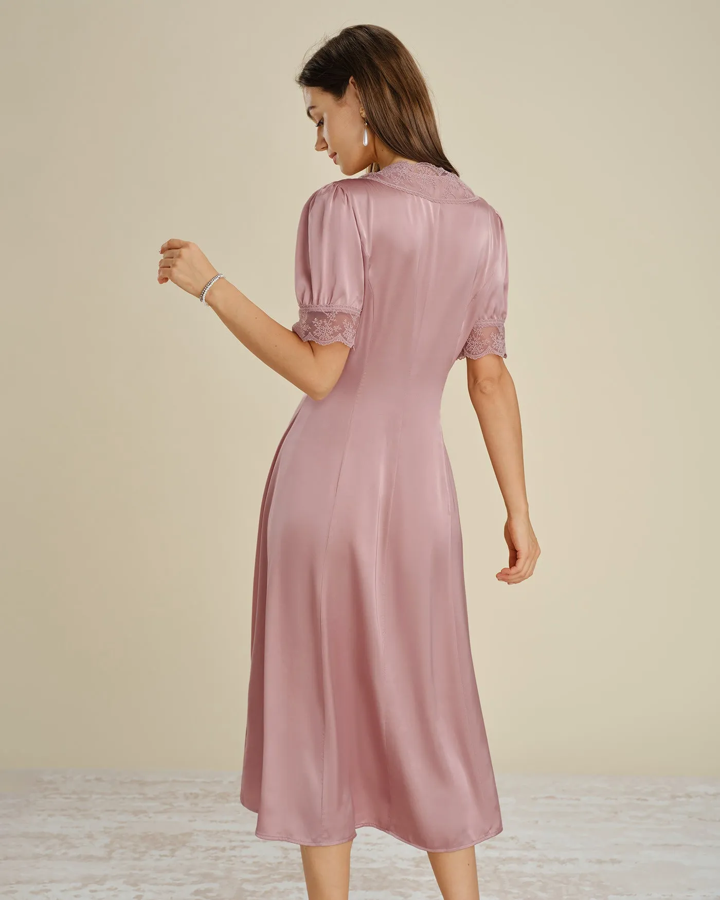Pink Lace Splicing Satin Midi Dress sold by rihoas product image thumbnail 5