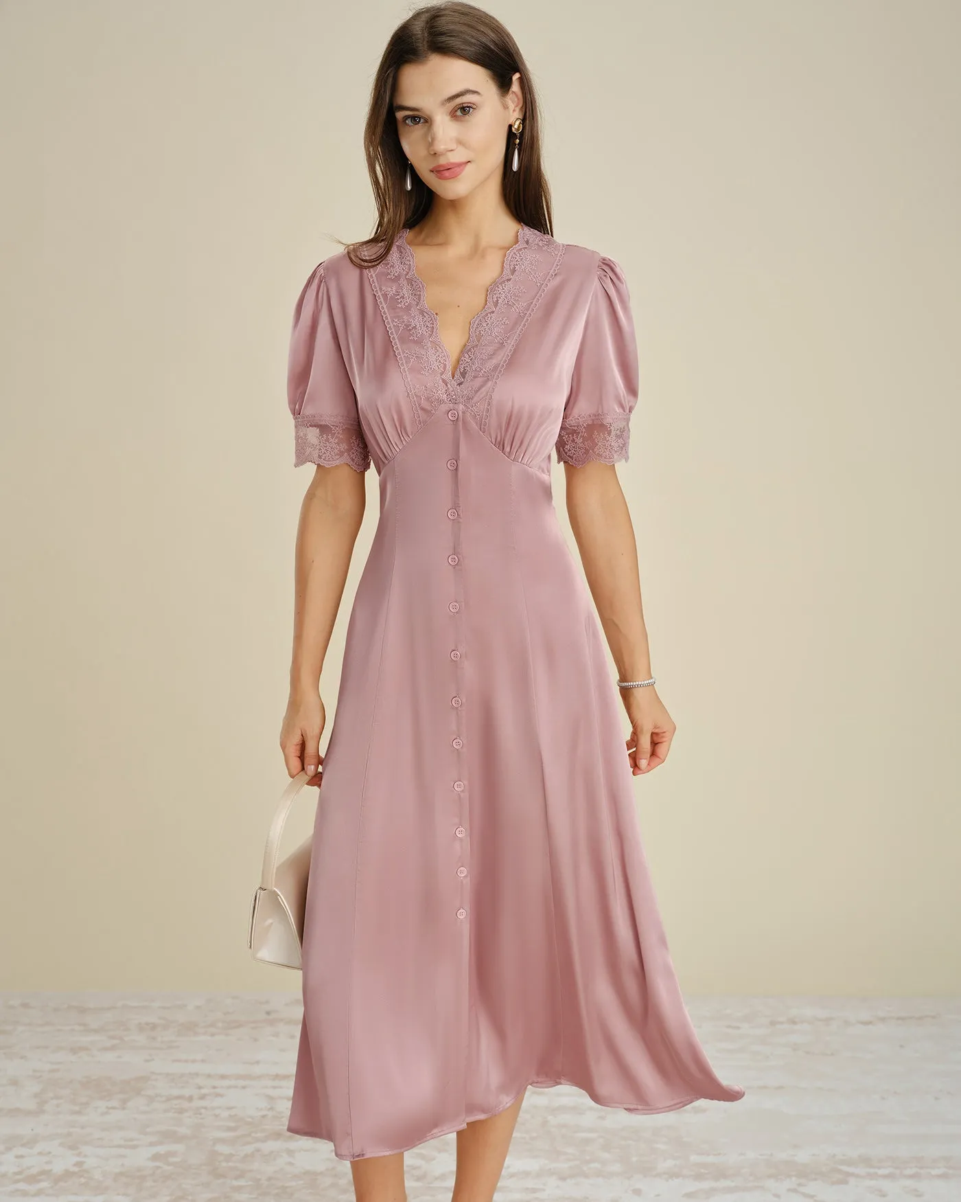 Pink Lace Splicing Satin Midi Dress sold by rihoas product image thumbnail 4