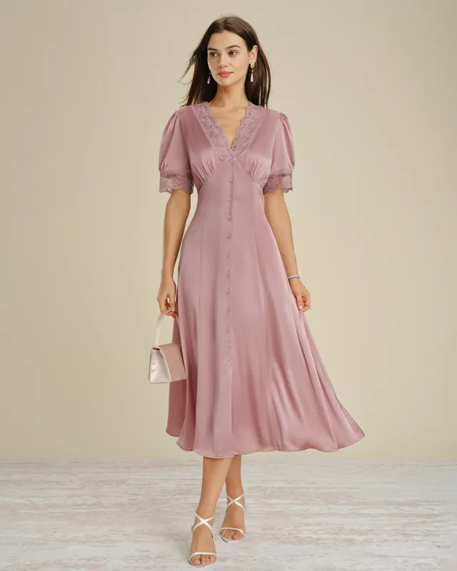 Pink Lace Splicing Satin Midi Dress made by rihoas